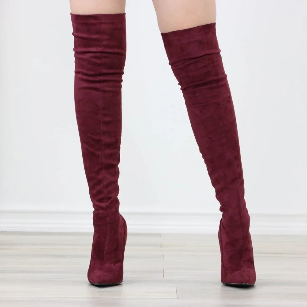 Wine Women's Thigh High Boots Faux Suede Pointed Toe Stilettos - Picture 8 of 15
